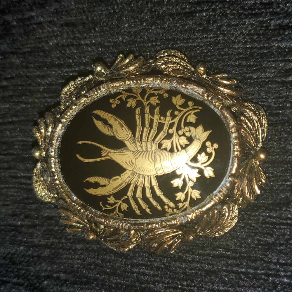 Vintage Gold Black Brooch Pin Lobster CANCER ZODIAC SIGN
